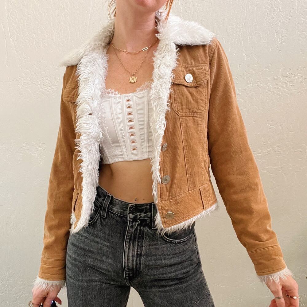 Y2K Tan Corduroy Fur Trim Button Up Cropped Jacket
